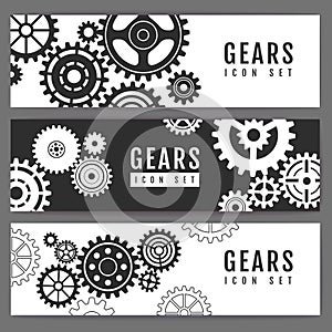 Set of banners with different gears. Cog icon design.