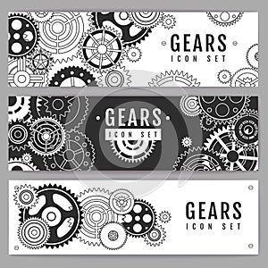 Set of banners with different gears. Cog icon design.