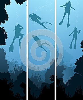 Set banners of divers under water.