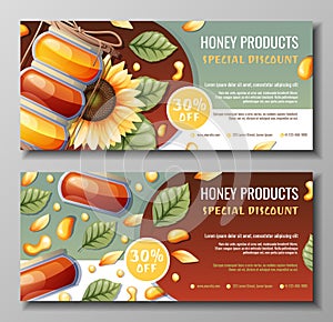 Set of banners with honey products. Discount coupon for honey shop. Bank of honey, bees, sunflower. Natural useful