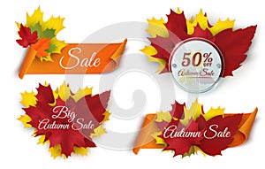 Set of banners with leaves and scroll paper ribbons. Autumn sale collection