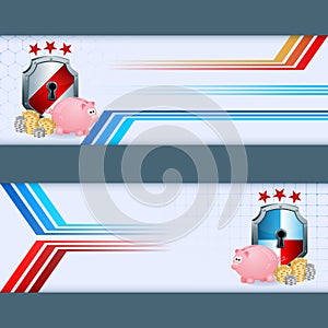 Set of banners with piggy bank, roll of money and security shield