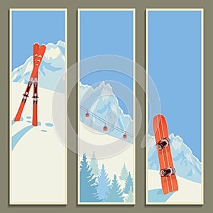 Set of banners with retro winter landscape, vector illustration, eps10.