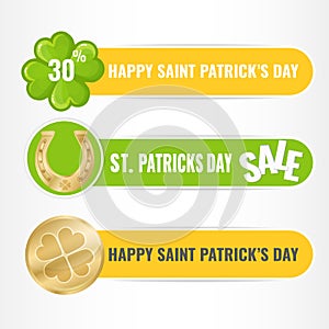 Set of banners for Saint Patricks Day with four-leaf clover, horseshoe and golden coin.