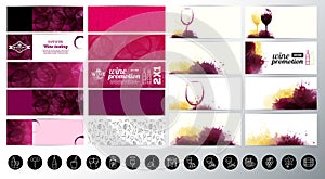 Set of banners with textured wine stains background. Wine icons.