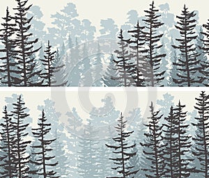 Set of banners view from coniferous forest blue tone.