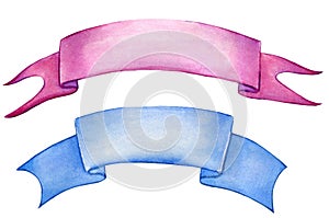 A set of banners, a wide pink and blue ribbon with a bend, a watercolor isolated on a white background
