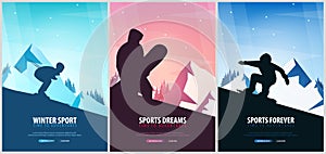 Set banners of Winter Sport. Ski and Snowboard. Mountain landscape. Snowboarder in motion. Vector illustration.