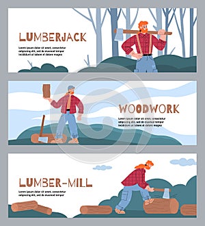 Set of banners with woodworker works at sawmill in flat vector illustration.