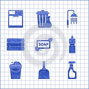 Set Bar of soap with foam, Dustpan, Cleaning spray bottle detergent liquid, Plastic bottles for dishwashing, Bucket and