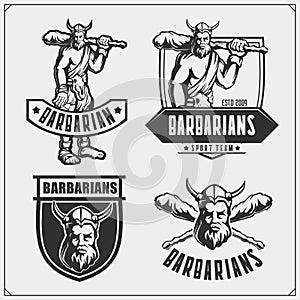 Set of Barbarian labels, badges and design elements. Vintage style. Print design for t-shirt. Sport club emblems.