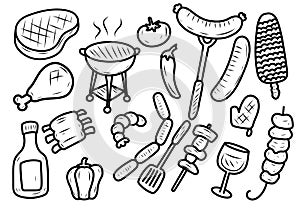 Set of barbecue elements vector in cute hand-drawn style