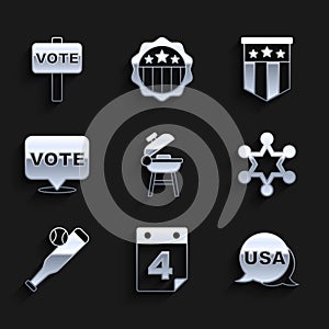 Set Barbecue grill, Calendar with date July 4, USA Independence day, Hexagram sheriff, Baseball bat ball, Vote, American