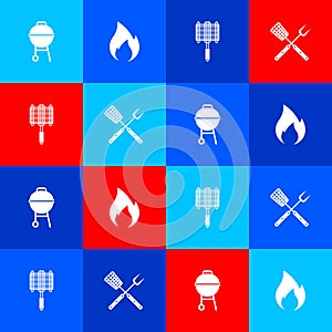 Set Barbecue grill, Fire flame, steel grid and Crossed fork and spatula icon. Vector