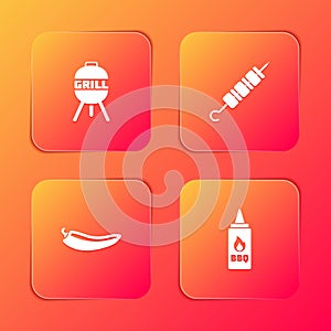 Set Barbecue grill, Grilled shish kebab, Hot chili pepper pod and Ketchup bottle icon. Vector