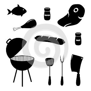 Set of barbecue related icons, food, grill and tools