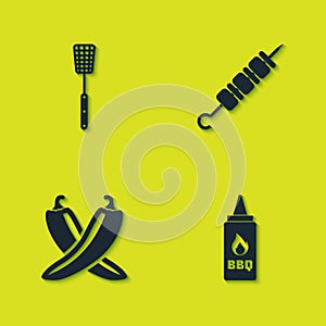 Set Barbecue spatula, Ketchup bottle, Crossed hot chili pepper pod and Grilled shish kebab icon. Vector