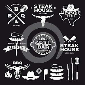 Set of barbecue steak house grill bar labels badges emblems and design elements. Vector vintage illustration.