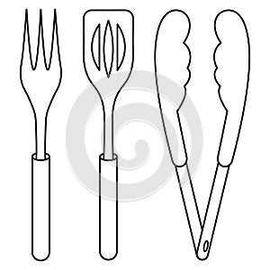 A set of barbecue tools. Sketch. A large barbecue fork with three prongs, a spatula and tongs. Vector illustration. Coloring book