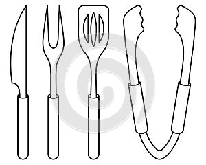 A set of barbecue tools. Sketch. Meat fork with two prongs, spatula, knife and tongs. Vector illustration. Coloring. Outline on is