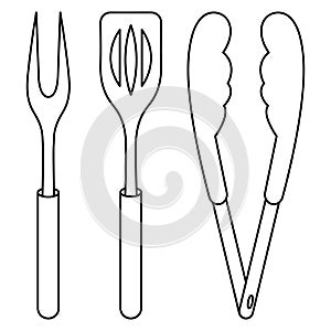 A set of barbecue tools. Sketch. Meat fork with two prongs, spatula and tongs. Vector illustration. Outline on isolated background