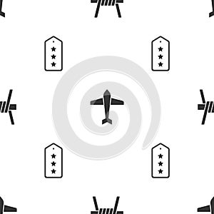 Set Barbed wire, Jet fighter and Military rank on seamless pattern. Vector