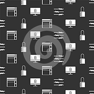 Set Barbed wire, Safe combination lock, Website template and Lock on computer monitor on seamless pattern. Vector