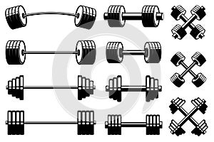 Set of barbells and dumbells in monochrome style. Design element for logo, label, sign, emblem. photo