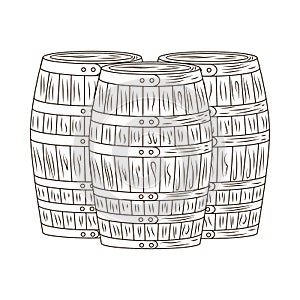 Set barrel isolated on white background. Wooden keg in engraved style. Vintage sketch black outline close up