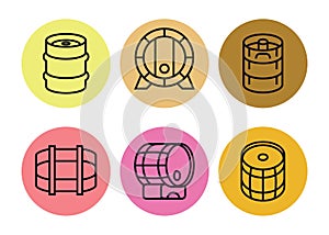 Set of barrel and keg icons. Containers for the production and storage of alcoholic beverages and other liquids.