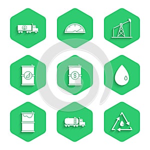 Set Barrel oil with dollar, Tanker truck, Oil drop recycle, leak, Bio fuel barrel, pump or pump jack and icon. Vector