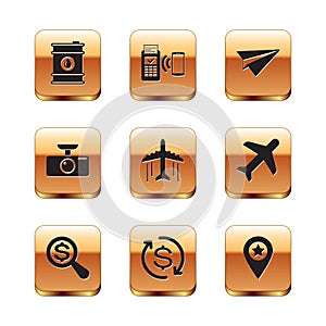 Set Barrel oil, Magnifying glass and dollar, Return of investment, Plane, Car DVR and Paper plane icon. Vector