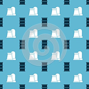 Set Barrel oil and Oil and gas industrial factory building on seamless pattern. Vector