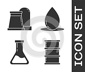 Set Barrel oil, Oil and gas industrial factory building, Test tube and flask and Oil drop icon. Vector