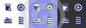 Set Barrel oil, Oil petrol test tube, tank storage and Motor gas gauge icon. Vector