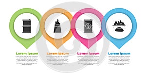 Set Barrel oil, Oil rig with fire, Barrel oil with dollar and Oilfield. Business infographic template. Vector.