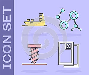 Set Barrel oil, Oil tanker ship, Rotating drill digging a hole and Molecule oil icon. Vector