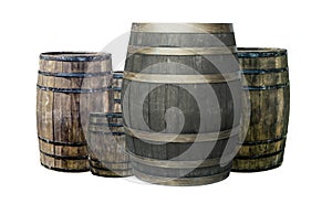 Set of barrels gray and brown set small and large stands on an isolated background