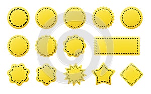 Set of barricade tape stickers. Yellow and black sale tags and round price discount labels. Promotional stickers and