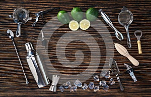 Set of bartending tools and limes