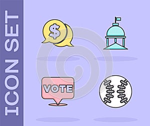 Set Baseball ball, Coin money with dollar, Vote and White House icon. Vector