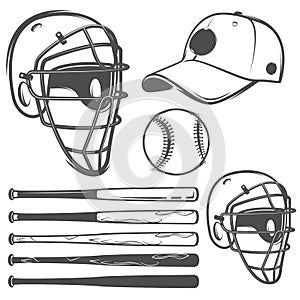 Set of baseball cap ball bat helmet monochrome style for emblems ,logo and labels.