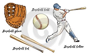 Set of baseball in color. Isolated on white background. Hand-drawn elements such as baseball player, glove, bat and ball