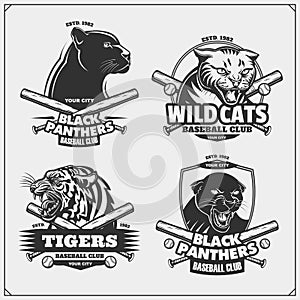 Set of baseball emblems, badges, logos and labels with tiger, panther and wildcat.