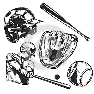 Set of baseball equipment bat, ball, glove, helmet and a player for creating your own badges, logos, labels, posters etc.