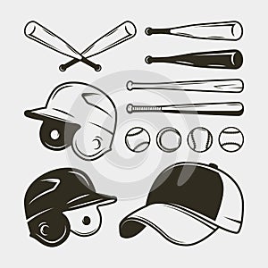 Set of baseball equipment and gear. bat, helmet, cap, balls. vector illustration