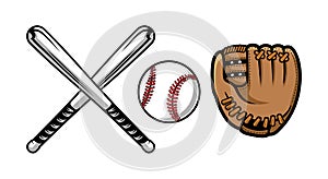 Set of baseball equipment illustrations contains Bat, Gloves and Ball