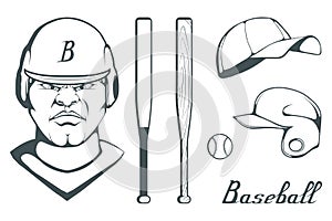 Set of baseball player design elements. Hand drawn Baseball ball. Cartoon baseball helmet. Hand drawn Man Head. Baseball bat.