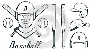 Set of baseball player design elements. Hand drawn Baseball ball. Cartoon baseball helmet. Hand drawn Man Head. Baseball bat.