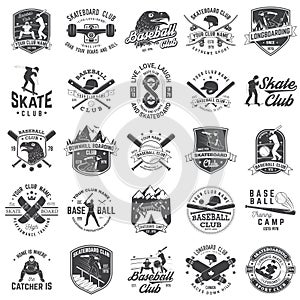 Set of baseball and skateboard club badge. Vector illustration. Concept for shirt or logo, print, stamp or tee.